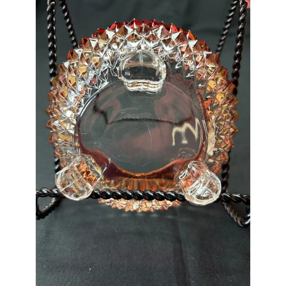 Vtg Ruby Red Flash Clear Diamond Point Pattern Footed Glass Bowl Scalloped Edge